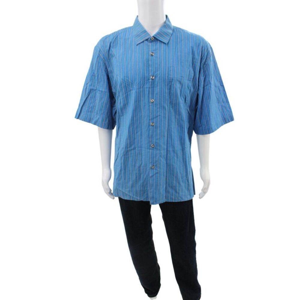 Marimekko Mens Short Sleeve Button Front Striped Shirt Blue Cotton Size 47